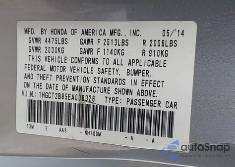 2014 Honda Accord Ex-L V-6 z USA, uszkodzony, nr VIN 1HGCT2B85EA008326